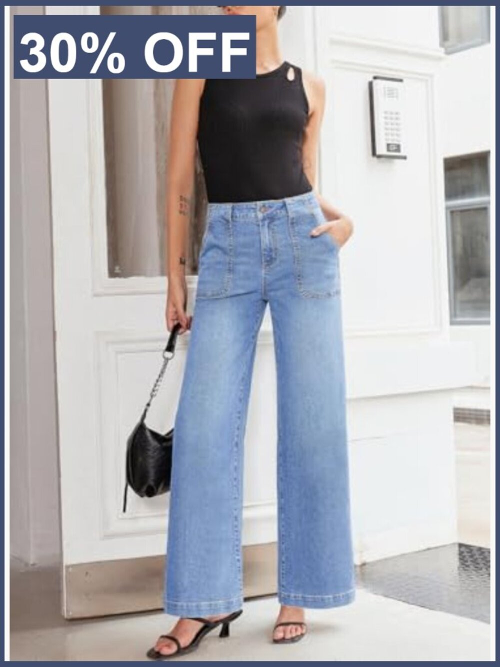 High Waisted Wide Leg Jeans Stretchy Baggy Straight Denim Pants Pockets - Picture 5 of 7